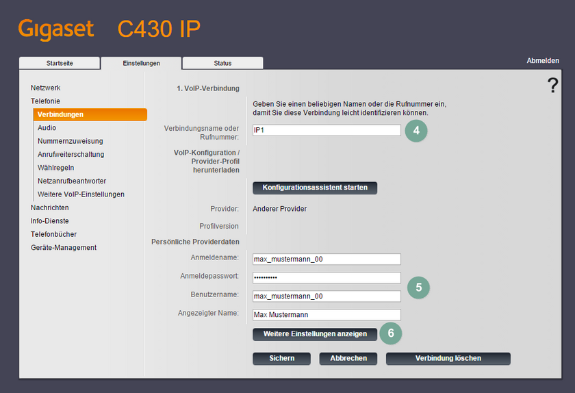 Ansicht Gigaset C430A GO manuelle Konfiguration SIP-Benutzerdaten eintragen