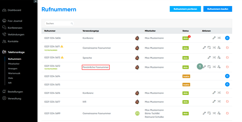Persönliche Faxnummer bearbeiten