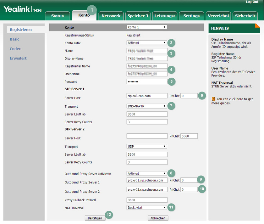 Yealink manuelle Einrichtung