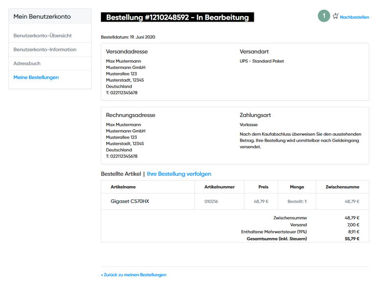 Detailansicht der Bestellung