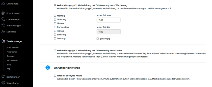 Ansicht Kundenkonto Selektive Anrufweiterleitung