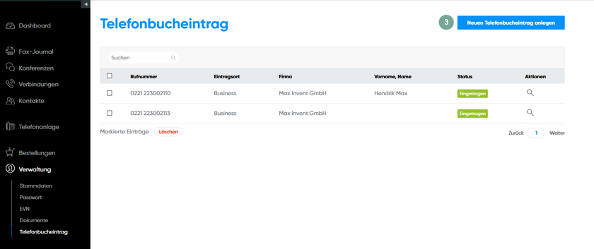 Neuer Eintrag Telefonbuch NetCologne