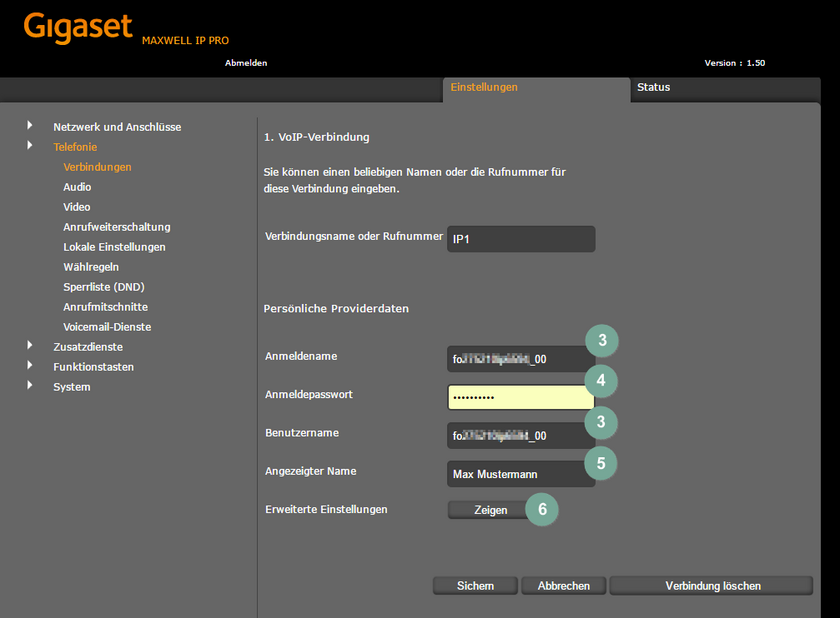Manuelle Einrichtung Gigaset Maxwell 10 Schritt 3
