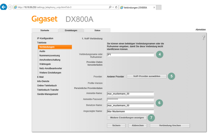 Ansicht Gigaset DX800A Konfigurationsprozess Schritt 4-7