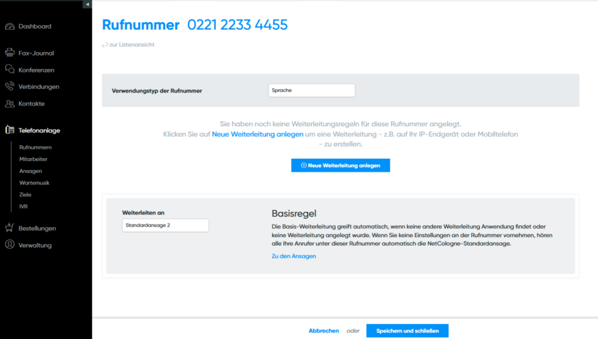 Ansicht CPBX Konto Mailbox Basisregel