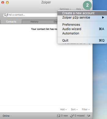Neuen Account bei Zoiper für Mac