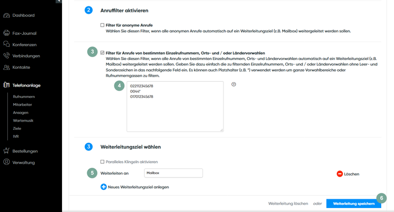 Filtern von Vorwahlen und Telefonnummern