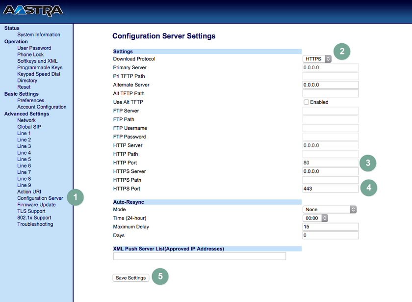 Ansicht Aastra Konfigurationsprozess Configuration Server Settings