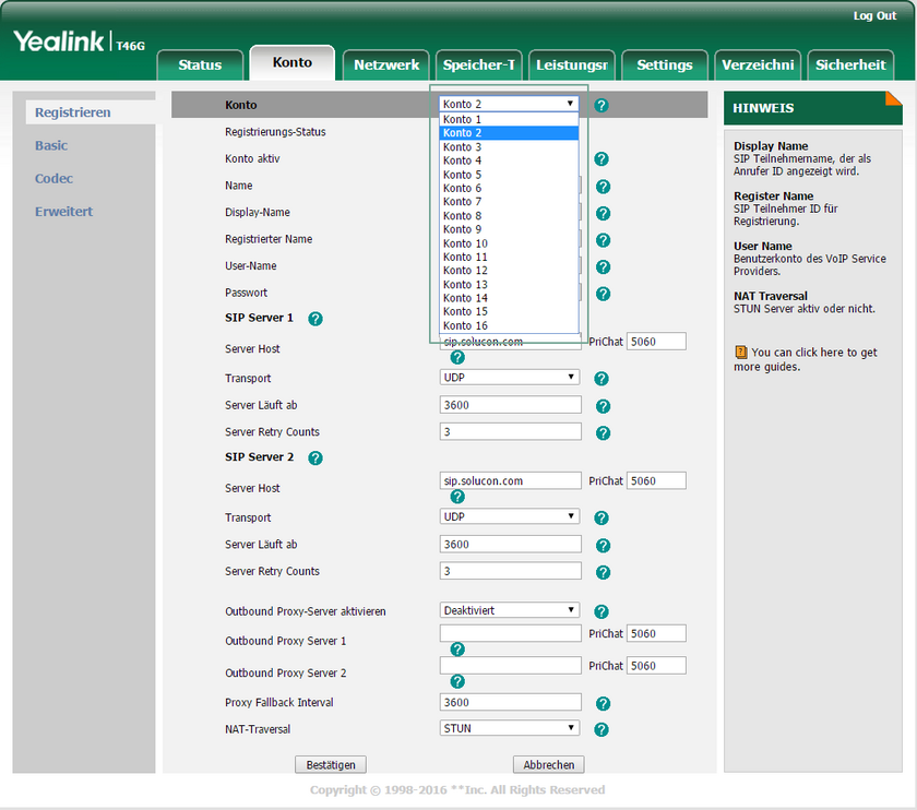 Admnistrator-Oberfläche Yealink Konto anlegen