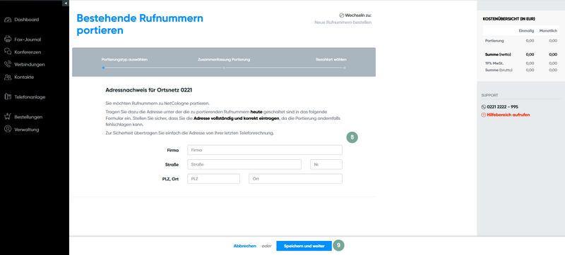 Portierungsadresse eintragen