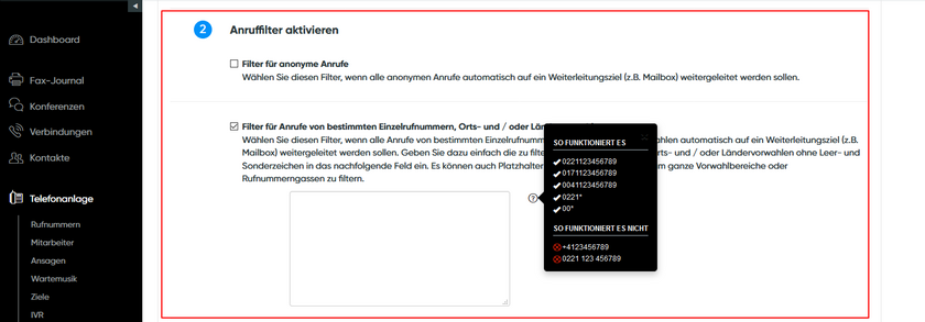 Anruffilter aktivieren
